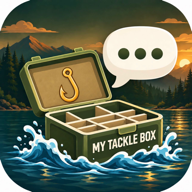MyTacklebox brand art — an open tackle box chatting from a dusk lake